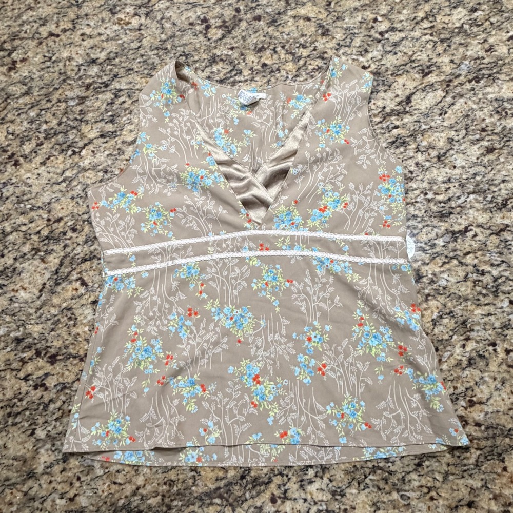 Old Navy Perfect Fit Floral V-Neck Sleeveless Blouse Tan Blue Orange Large v